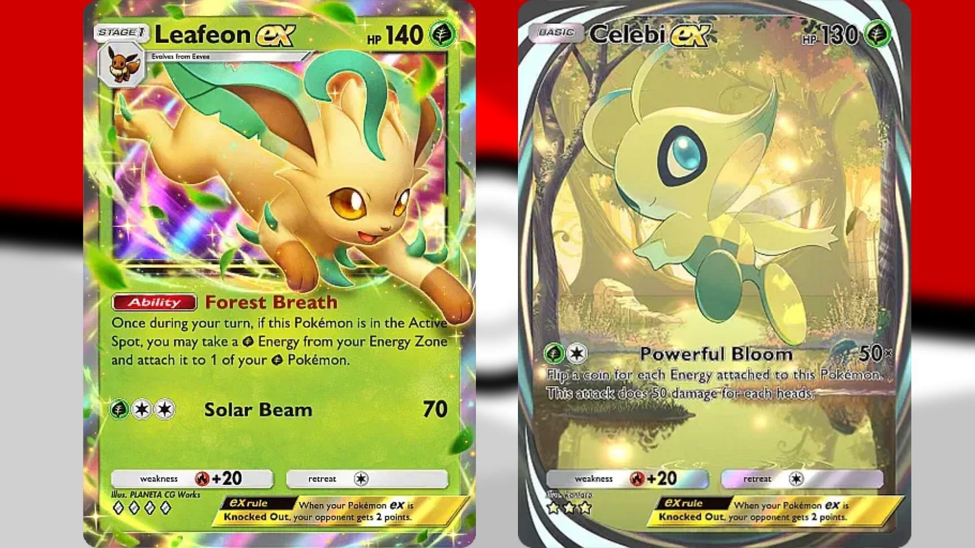Leafeon ex and Celebi ex in PTCGP (Image via TPC)